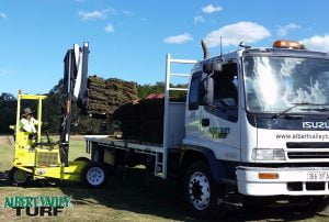 Delivering grass turf from the back of a delivery truck