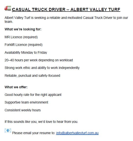 CASUAL TRUCK DRIVER POSITION 10122025